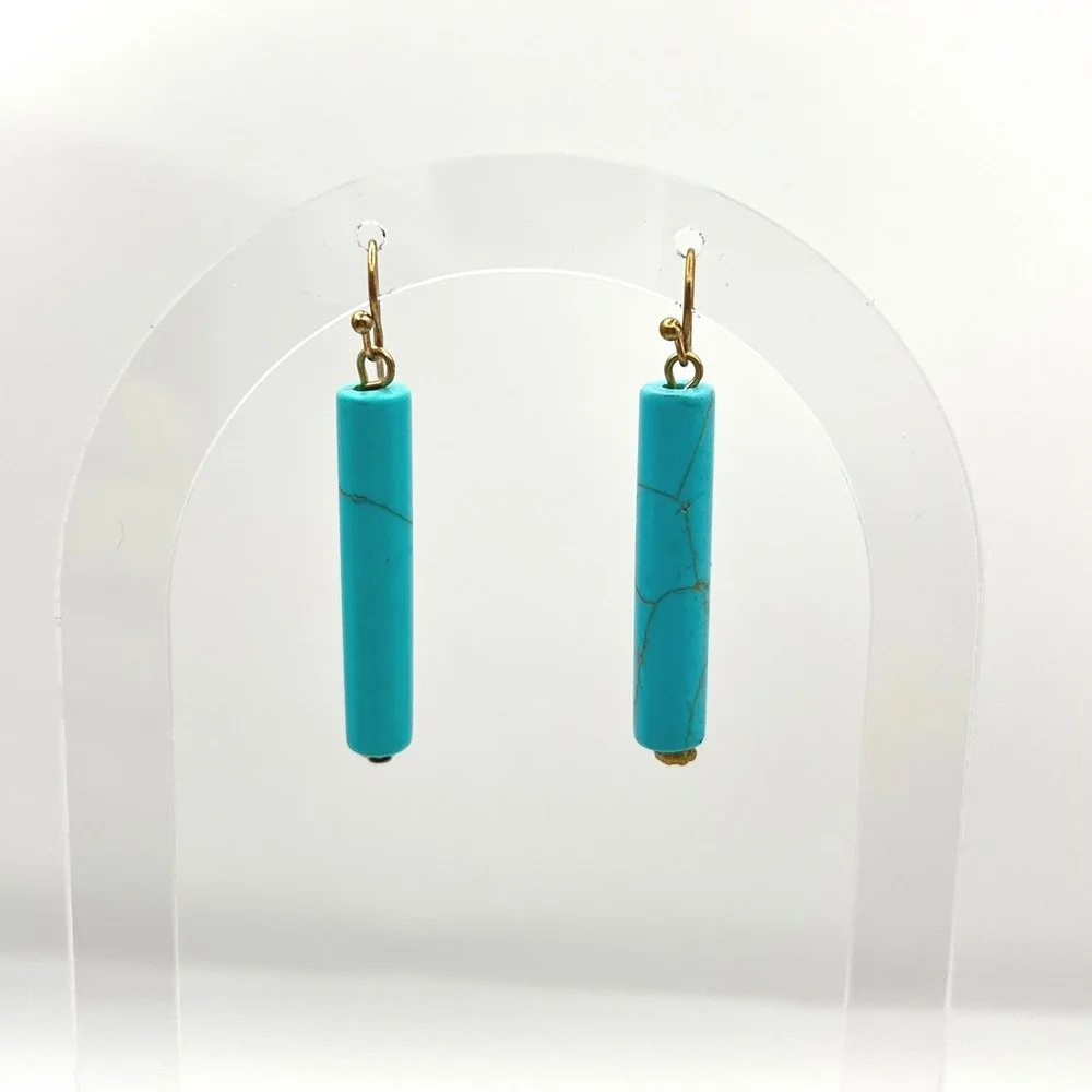 Faux Turquoise Cylinder Bar Drop Earrings Gold Tone Wire Hooks Blue Marbled